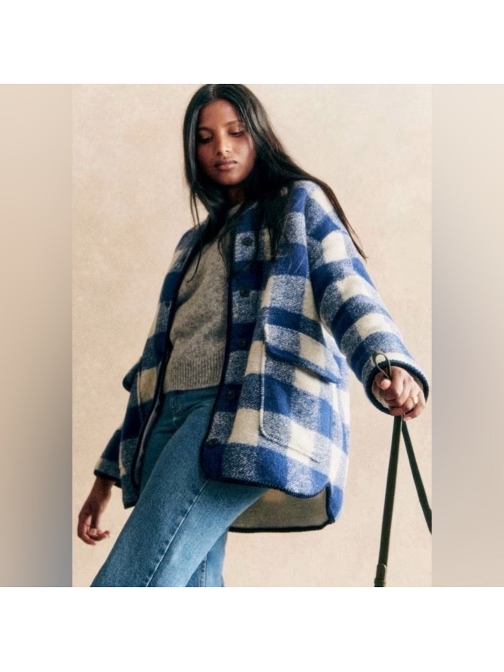 Sezane Farel Reversible Wool Jacket Blue‎ Ecru Check US 12 NWT